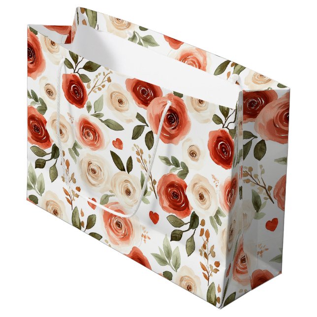 Red Cream Hearts and Flowers Bridal Shower Large Gift Bag (Front Angled)