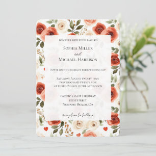 Red Cream Hearts and Flowers Wedding Invitation