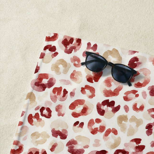Red Cream Leopard Animal Print Beach Towel (In Situ)