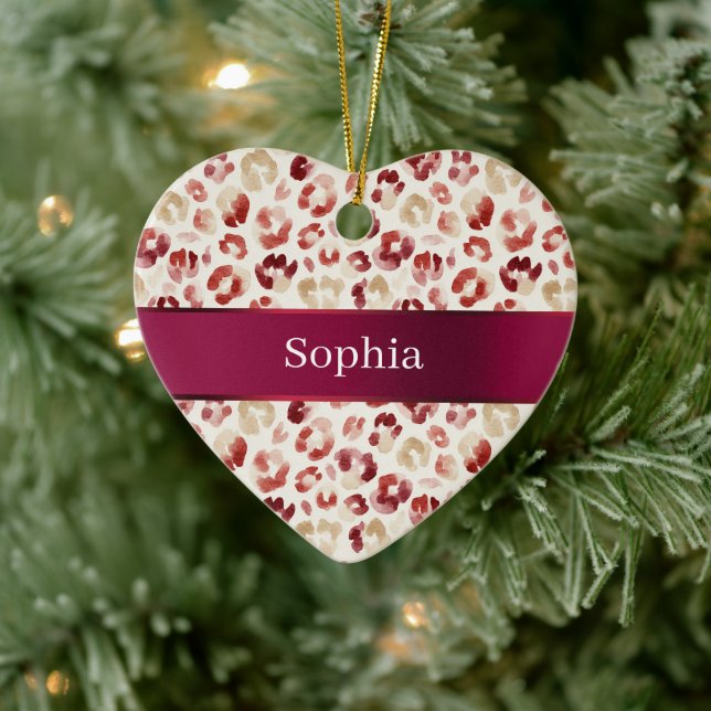 Red Cream Leopard Animal Print Christmas Ceramic Ornament (Tree)