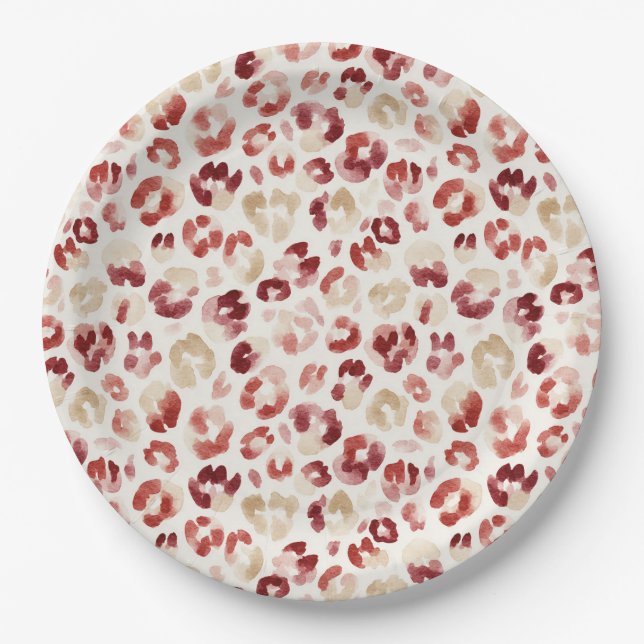 Red Cream Leopard Animal Print Paper Plate (Front)