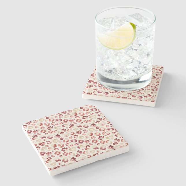 Red Cream Leopard Animal Print Stone Coaster (Side)
