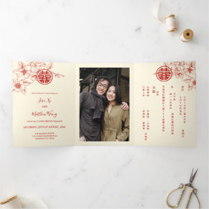 Red Cream Magnolia   Photo Chinese Wedding Tri-Fold Invitation