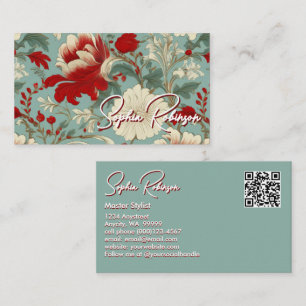 Red, Cream, Pale Green Floral Business Card