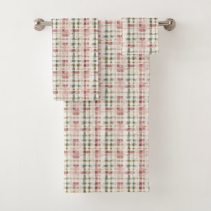 Red Cream Plaid Stripes Bridal Shower Bath Towel Set