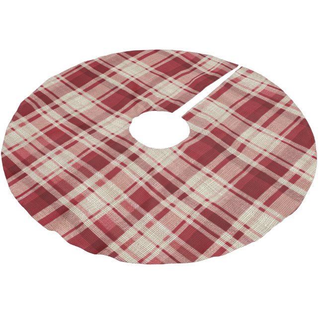 Red Cream Plaid Stripes Brushed Polyester Tree Skirt (Angled)