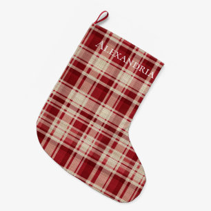 Red Cream Plaid Stripes Large Christmas Stocking