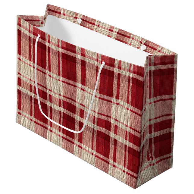 Red Cream Plaid Stripes Large Gift Bag (Front Angled)