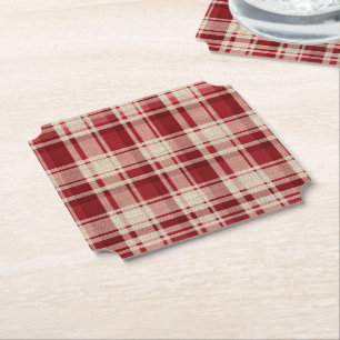 Red Cream Plaid Stripes Paper Coaster