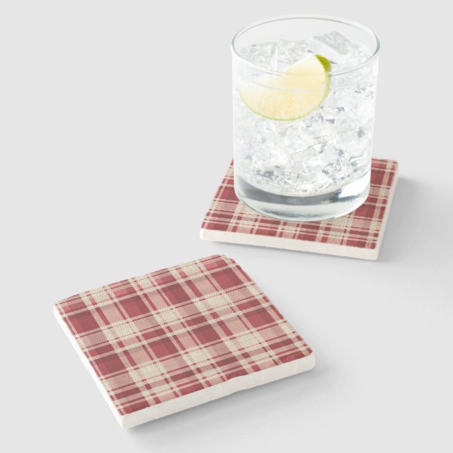 Red Cream Plaid Stripes Stone Coaster (Side)