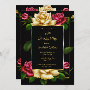 Red cream Rose floral Gold black Birthday Party Invitation