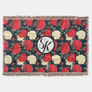 Red & Cream Rose Patterned Monogram Throw Blanket