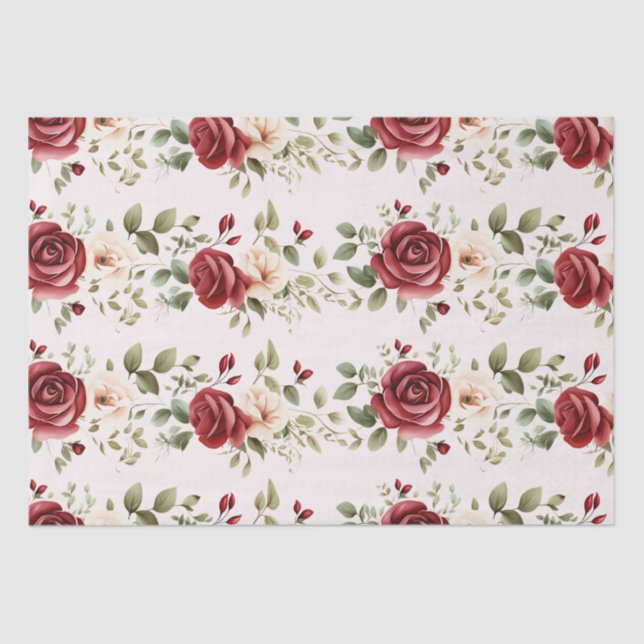 Red Cream Roses Blush Pink Floral Wedding Tissue Paper (Front)