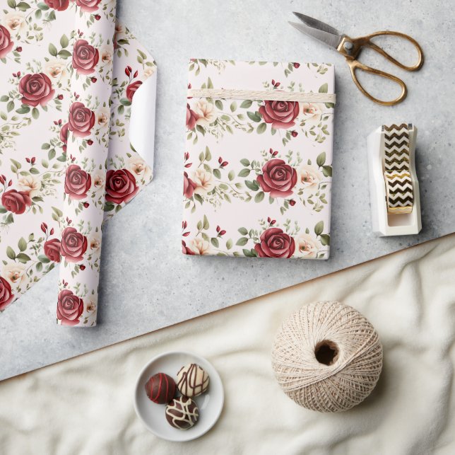 Red Cream Roses Blush Pink Floral Wedding Wrapping Paper (Crafts)