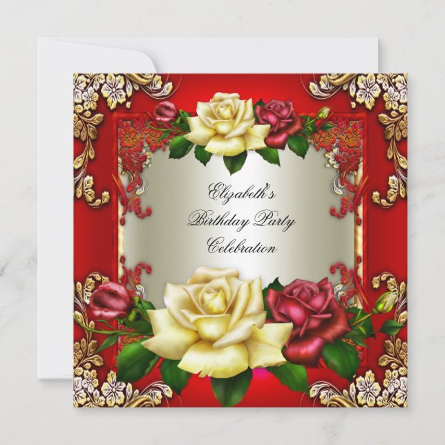 Red Cream Roses Gold Elegant Birthday Party Invitation (Front)