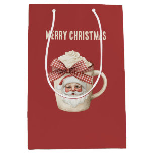 Red Cream Santa Face Red Bow Drink Medium Gift Bag
