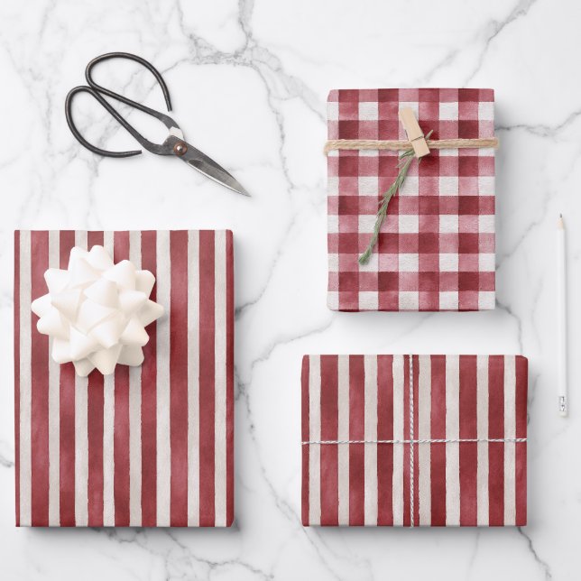 Red Cream Stripes Christmas Wrapping Paper Sheet (Front)