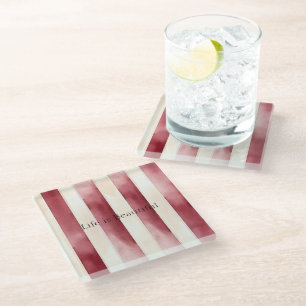 Red Cream Stripes Glass Coaster