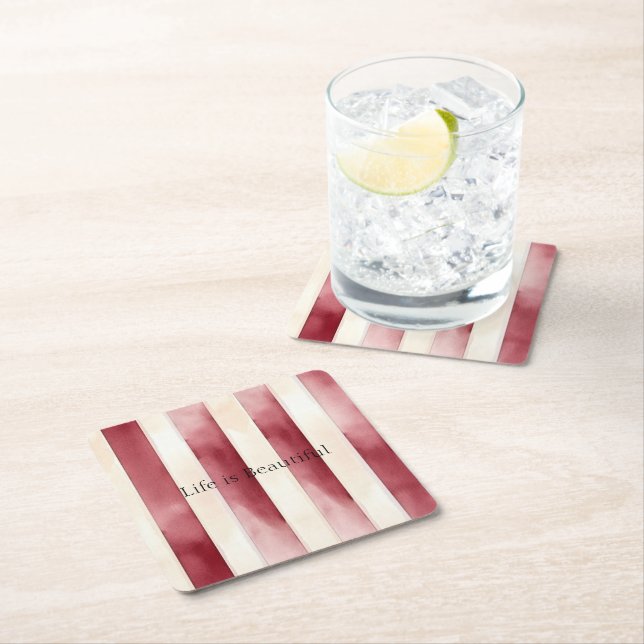 Red Cream Stripes  Square Paper Coaster (Insitu)
