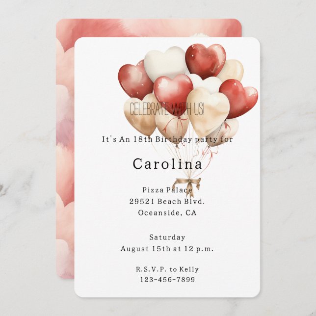 Red Cream White Hearts Balloons Birthday  Invitation (Front/Back)