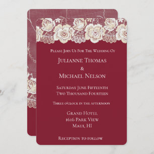Red Cream White Lace Floral Romantic Wedding Invitation