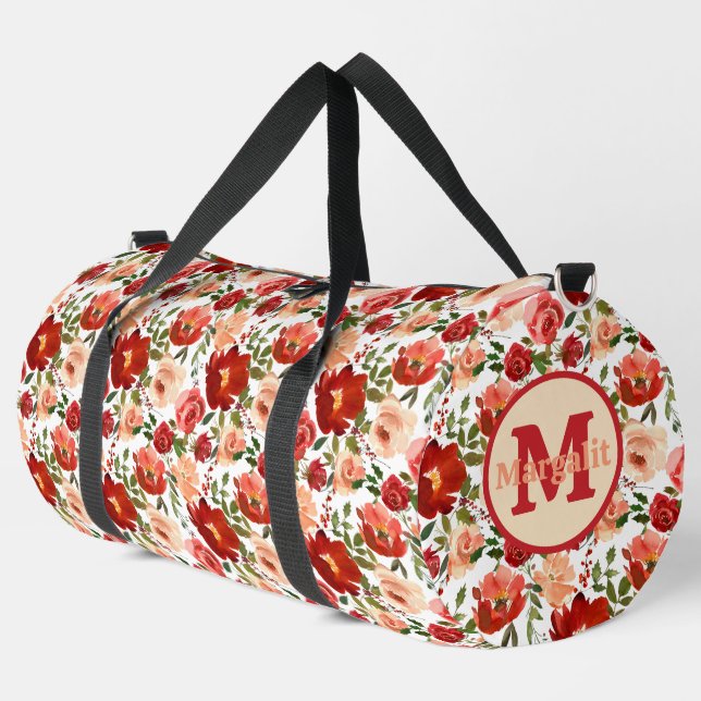 Red Cream White Poppies Roses Floral Large Duffle Bag (Left Corner)
