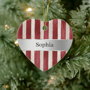 Red Cream White Stripes Silver Ribbon Christmas Ceramic Ornament