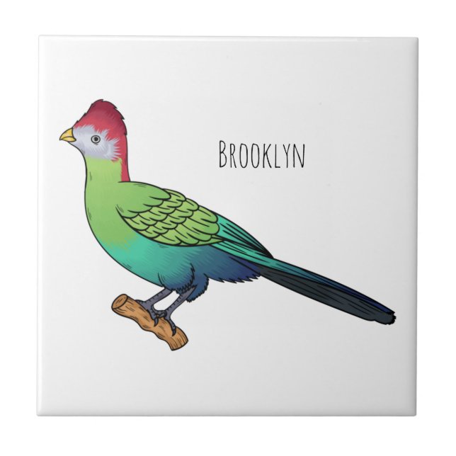 Red-crested turaco bird cartoon illustration  ceramic tile (Front)