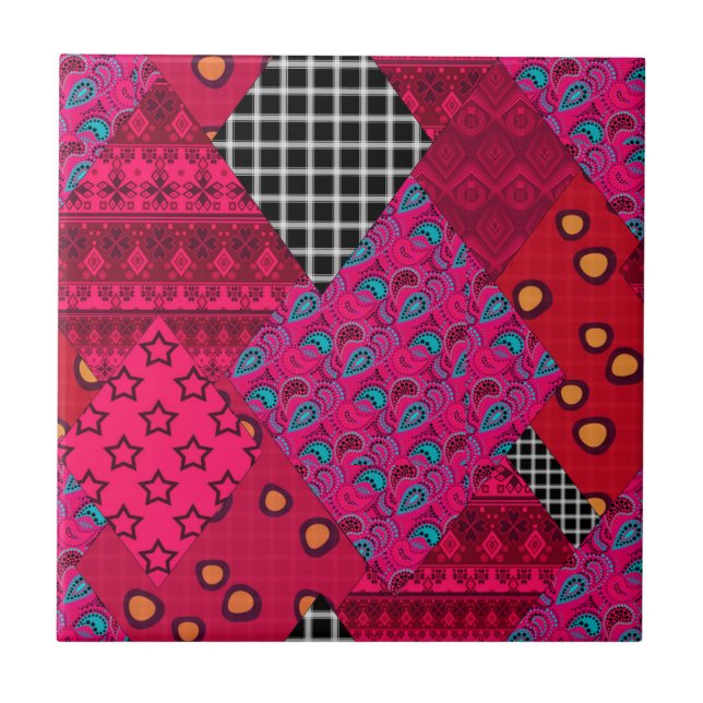 Red  Crimson  Colourful patchwork   Ceramic Tile (Front)