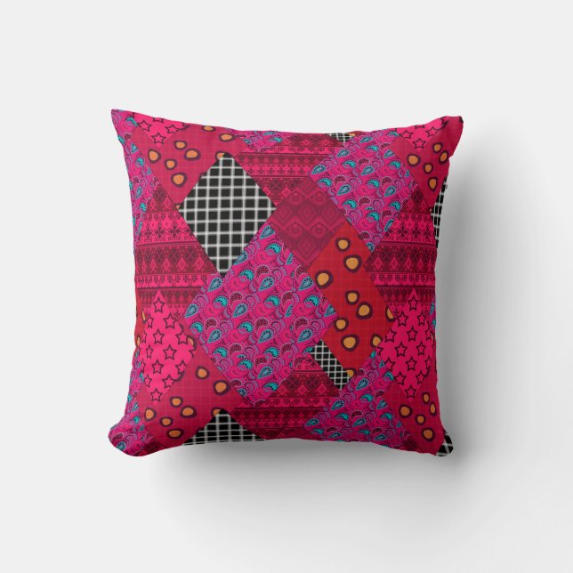 Red  Crimson  Colourful patchwork  Cushion (Front)