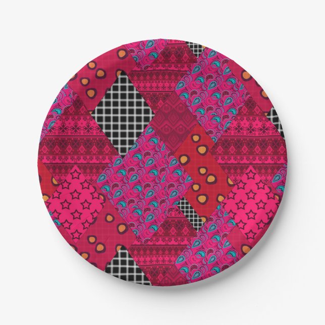Red  Crimson  Colourful patchwork   Paper Plate (Front)
