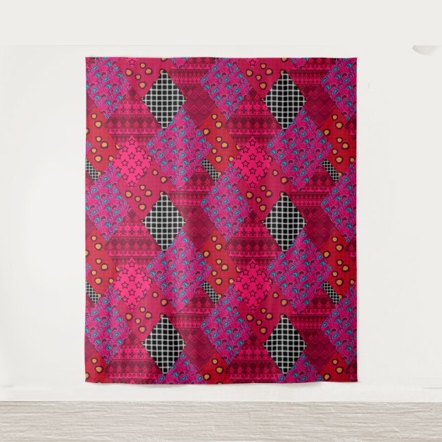 Red  Crimson  Colourful patchwork   Tapestry (Front)