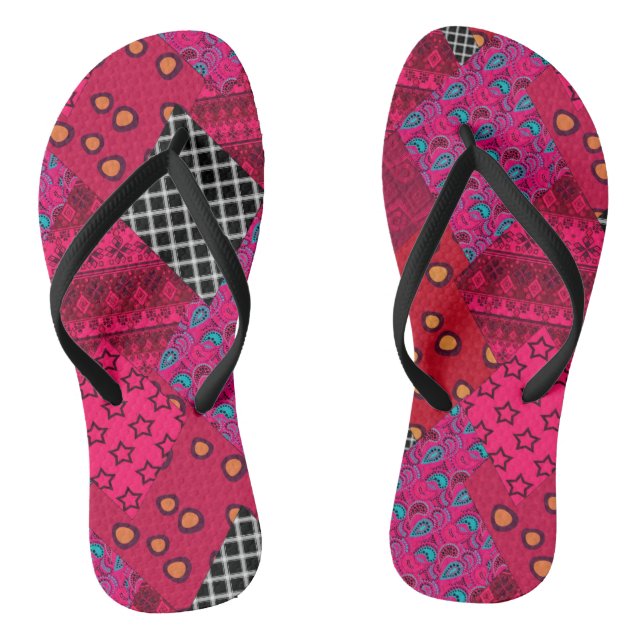Red  Crimson  Colourful patchwork  Thongs (Footbed)