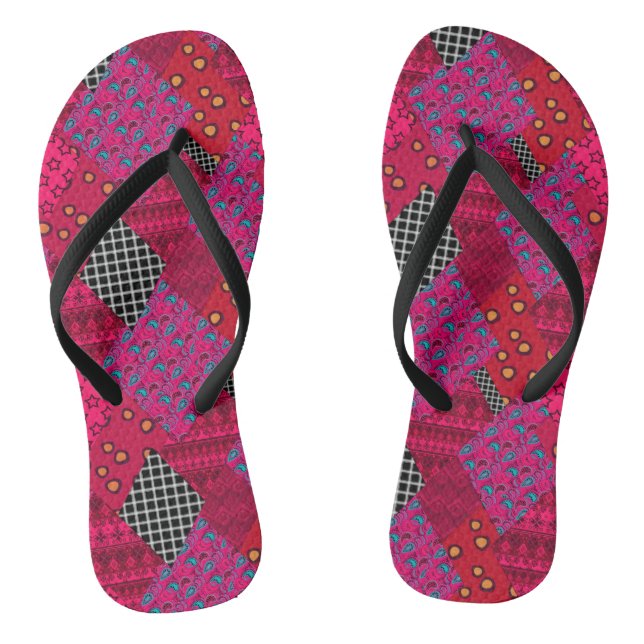 Red  Crimson  Colourful patchwork   Thongs (Footbed)
