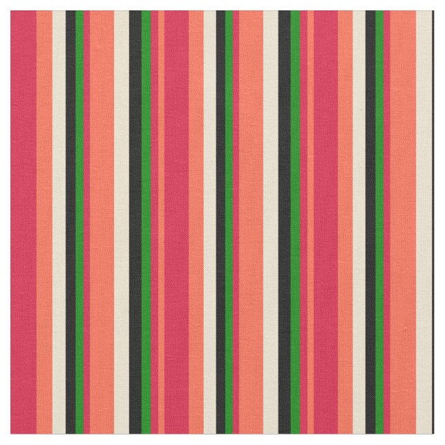 Red, Crimson, Green, Black & Beige Pattern Fabric (Close Up)