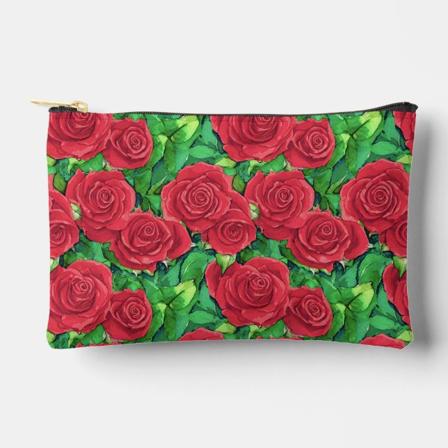 Red / Crimson Watercolor Rose Pattern Accessory Pouch (Front)