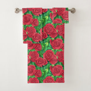 Red / Crimson Watercolor Rose Pattern Bath Towel Set