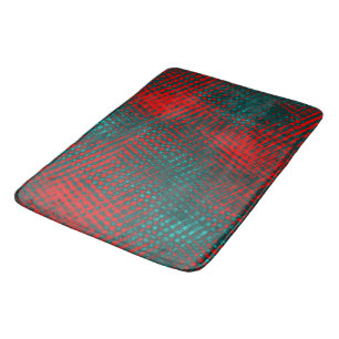 Red crisscrossing scratches over charred cyan      bath mat
