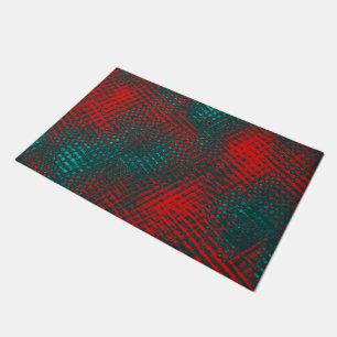 Red crisscrossing scratches over charred cyan      doormat