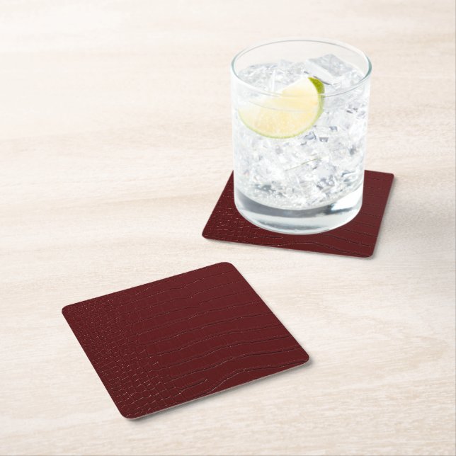 Red Crocodile Skin Print Varnished Square Paper Coaster (Insitu)