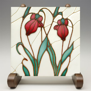 Red Crocus Wall Decor Art Nouveau Art Deco Ceramic Tile
