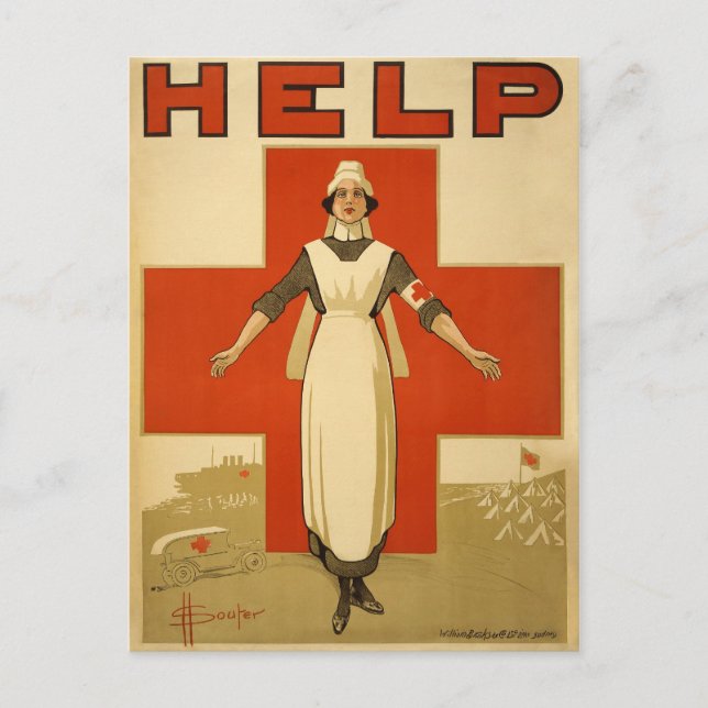 Red Cross Field Nurse Poster Reading HELP Postcard (Front)