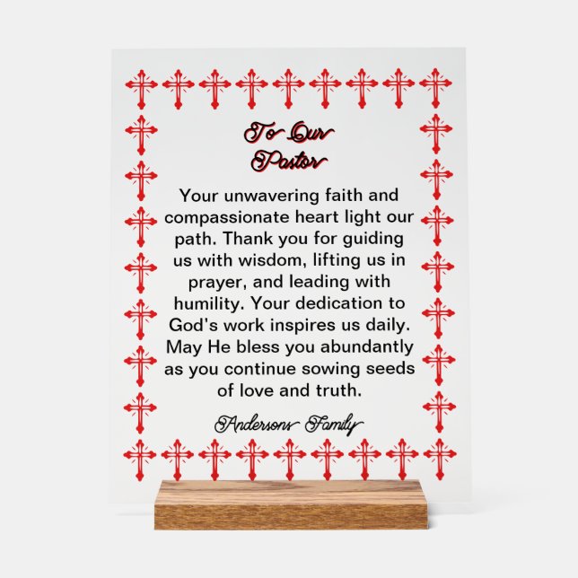 Red Cross Frame Pastor Appreciation Acrylic Sign (Front)