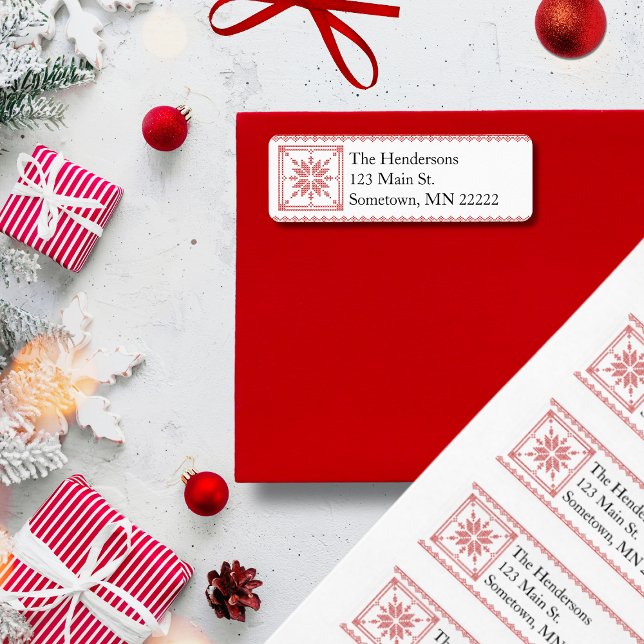 Red Cross-Stitch Snowflake Return Address Label (Creator Uploaded)