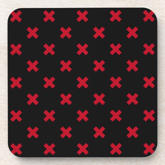 Red cross stitches on black coaster (Front)