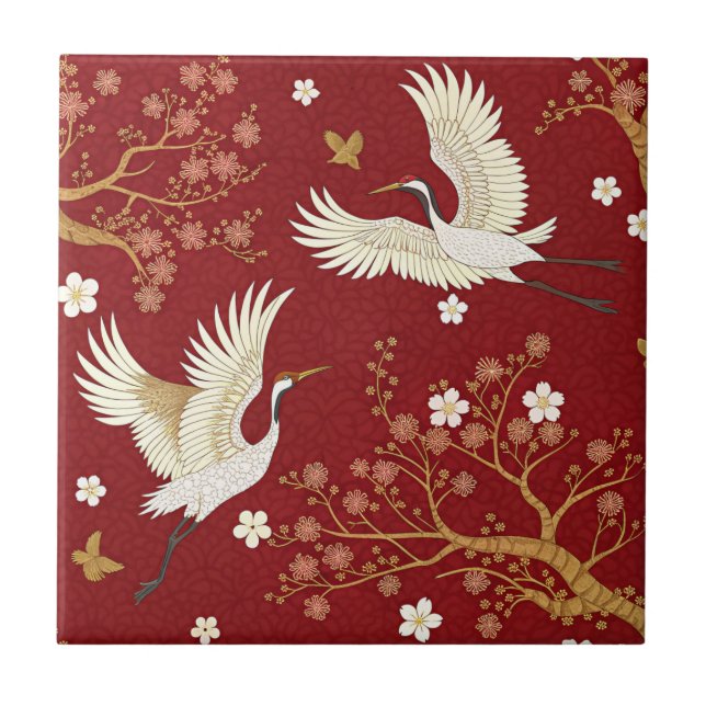 Red Crown Crane Sakura Pattern (1) Ceramic Tile (Front)