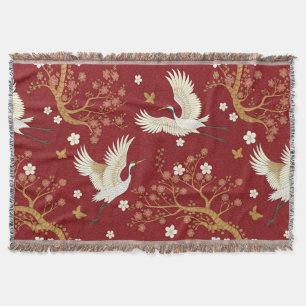 Red Crown Crane Sakura Pattern (1) Throw Blanket