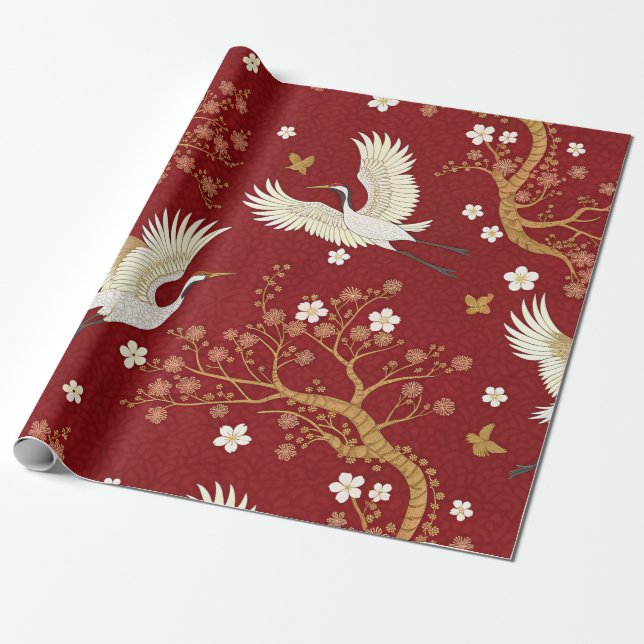 Red Crown Crane Sakura Pattern (1) Wrapping Paper (Unrolled)