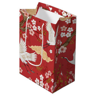 Red Crown Crane Sakura Pattern (2) Medium Gift Bag