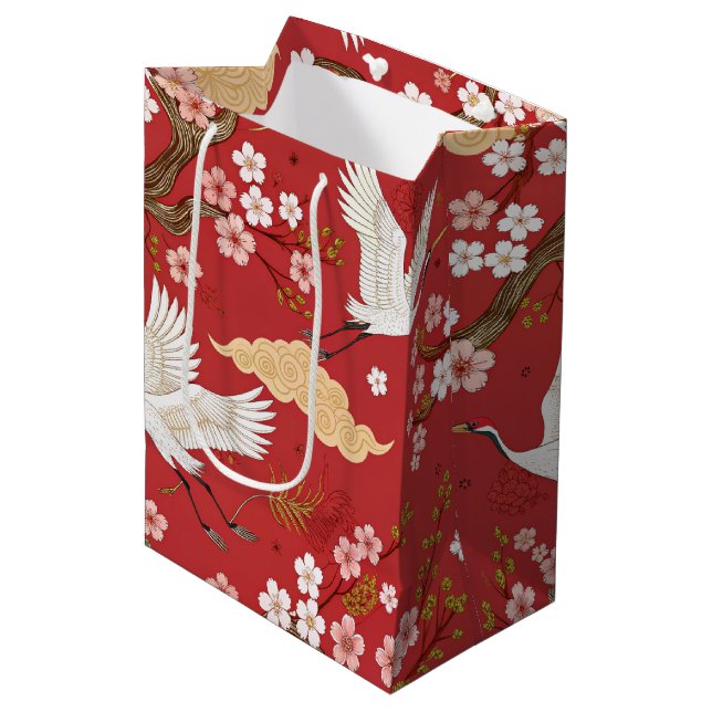 Red Crown Crane Sakura Pattern (2) Medium Gift Bag (Front Angled)